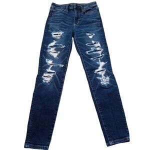 American Eagle Womens Super Stretch Deep Denim Jeans Stylish Rips Size 4 Short